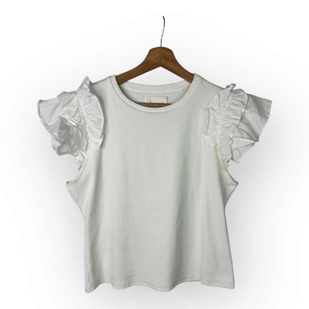 Anthropologie Womens size Large Ruffle Short Sleeve Ribbed Top White